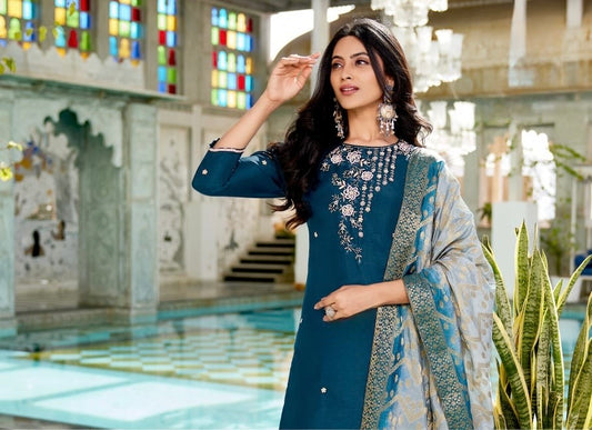 Dola Silk Kurti Set with Russian Silk Pant and Jacquard Dupatta – Handwork Ethnic Set for Women