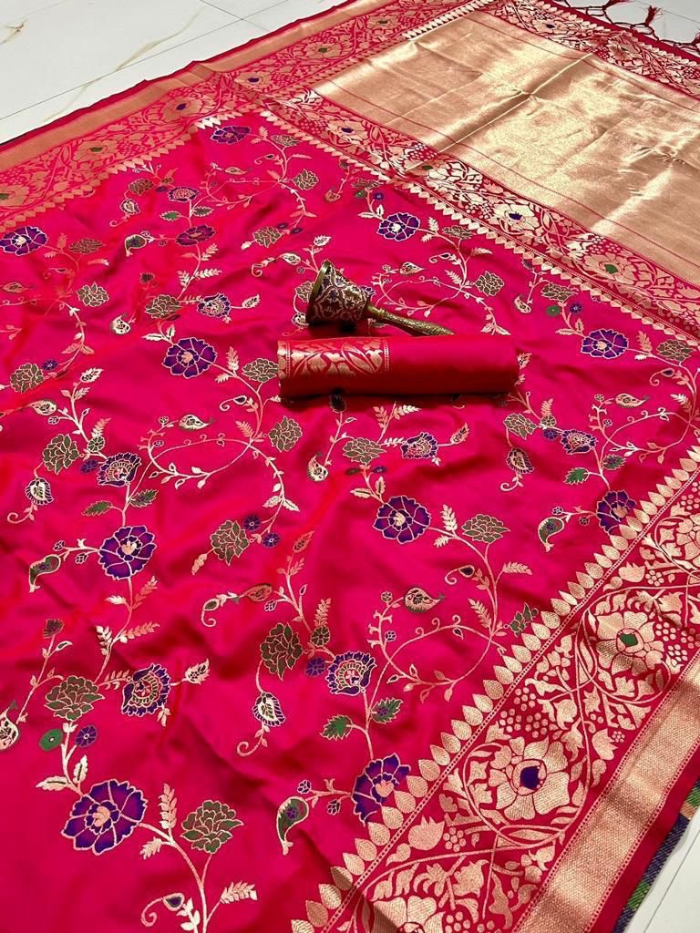 Pure Heavy Silk Saree with Zari and Minakari Weaving, Running Design Blouse with Jari Border