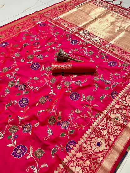 Pure Heavy Silk Saree with Zari and Minakari Weaving, Running Design Blouse with Jari Border