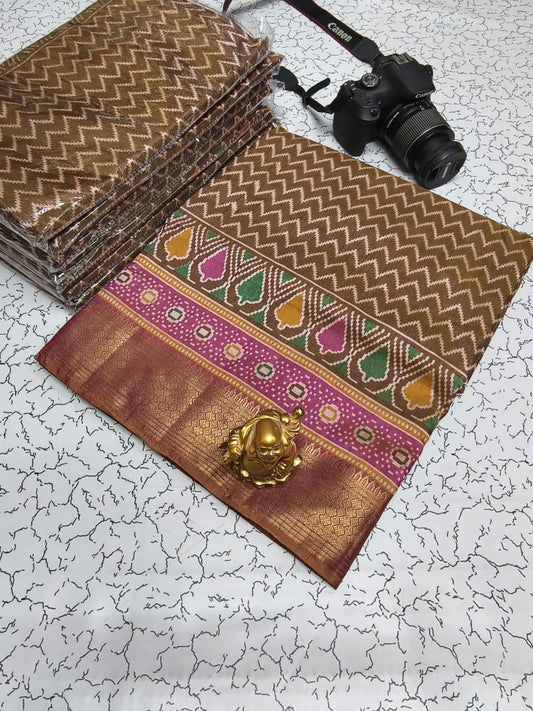 Soft Pochampally Silk Saree with Printed Multi-Butta Design and Contrast Running Blouse