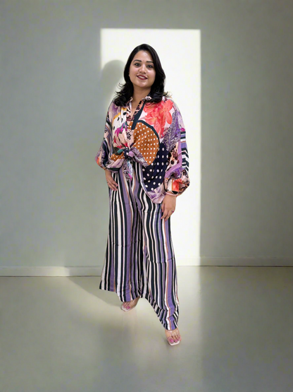 Viscose Crepe Digitally Printed Top with Matte Satin Digitally Printed Bottom – Women’s Fusion Wear Set (L to 2XL)