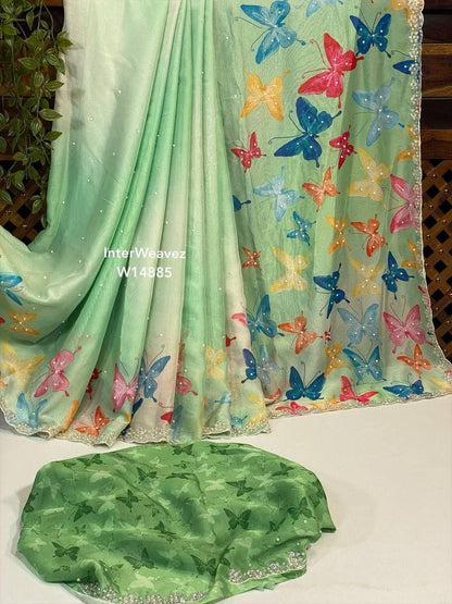 Pure Soft Georgette Silk Saree with Digital Butterfly Print, Cutdana and Moti Work – Women’s Festive Wear