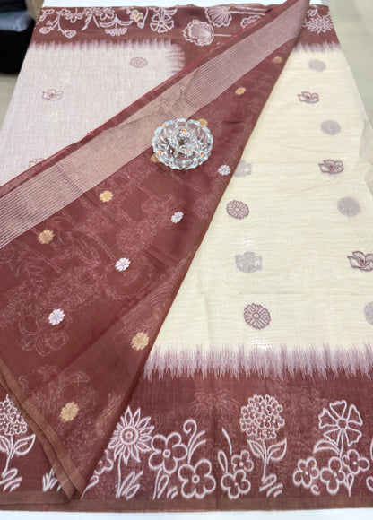 Munga cotton handloom weaving saree with woven floral border and tassel pallu for women