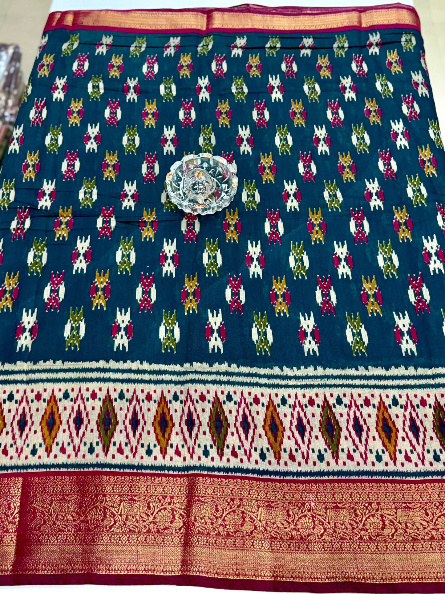 Semi Maheshwari Silk Saree with Zari Border & Ikat Style Weaving for Women