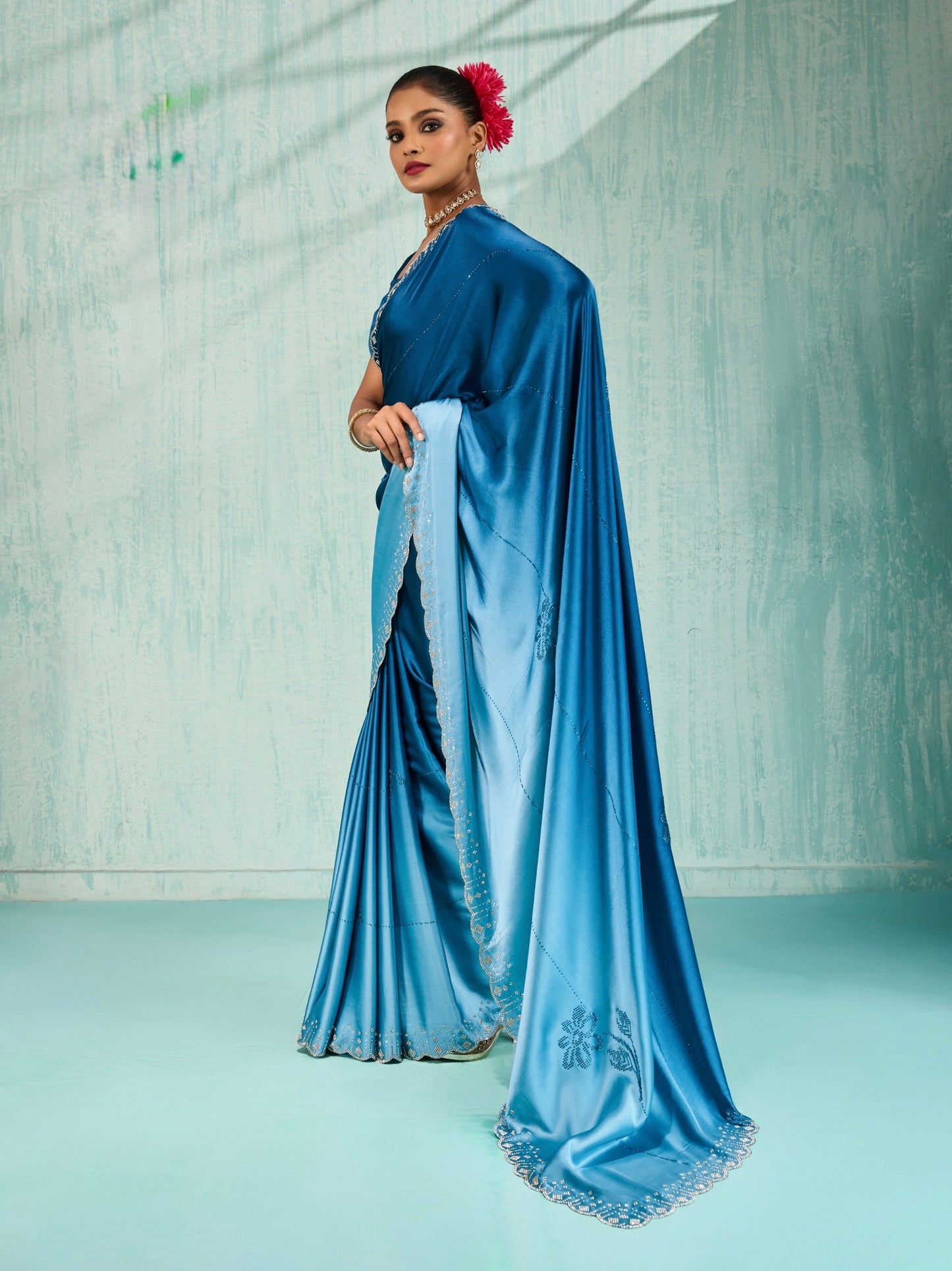 Women’s Ombre Satin Saree with Rhinestone Crystal Embroidery and Blouse Piece