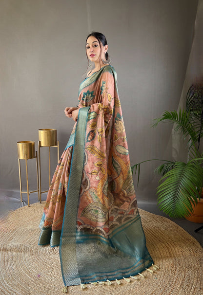 Tussar Silk Saree with Hand-Painted Style Kalamkari Print, Zari Border, and Contrast Blouse