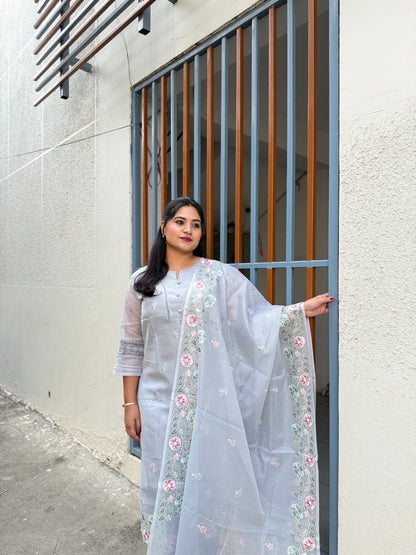 Kota Doria Embroidered Suit Set with Dupatta for Women – Light Grey, Kurta Pant Dupatta