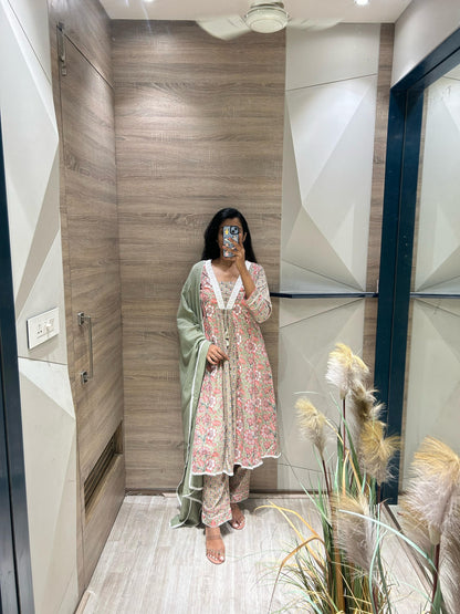 Printed Cotton Kurta Pant Dupatta Set with Lace Detailing and Kota Doria Dupatta for Women