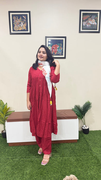 Rayon Solid Kurta Palazzo Scarf Set for Women | Maroon Flared Kurti with Pant and Printed Dupatta