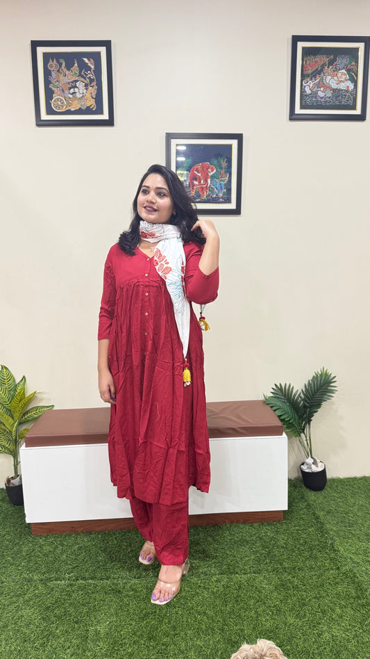 Rayon Solid Kurta Palazzo Scarf Set for Women | Maroon Flared Kurti with Pant and Printed Dupatta