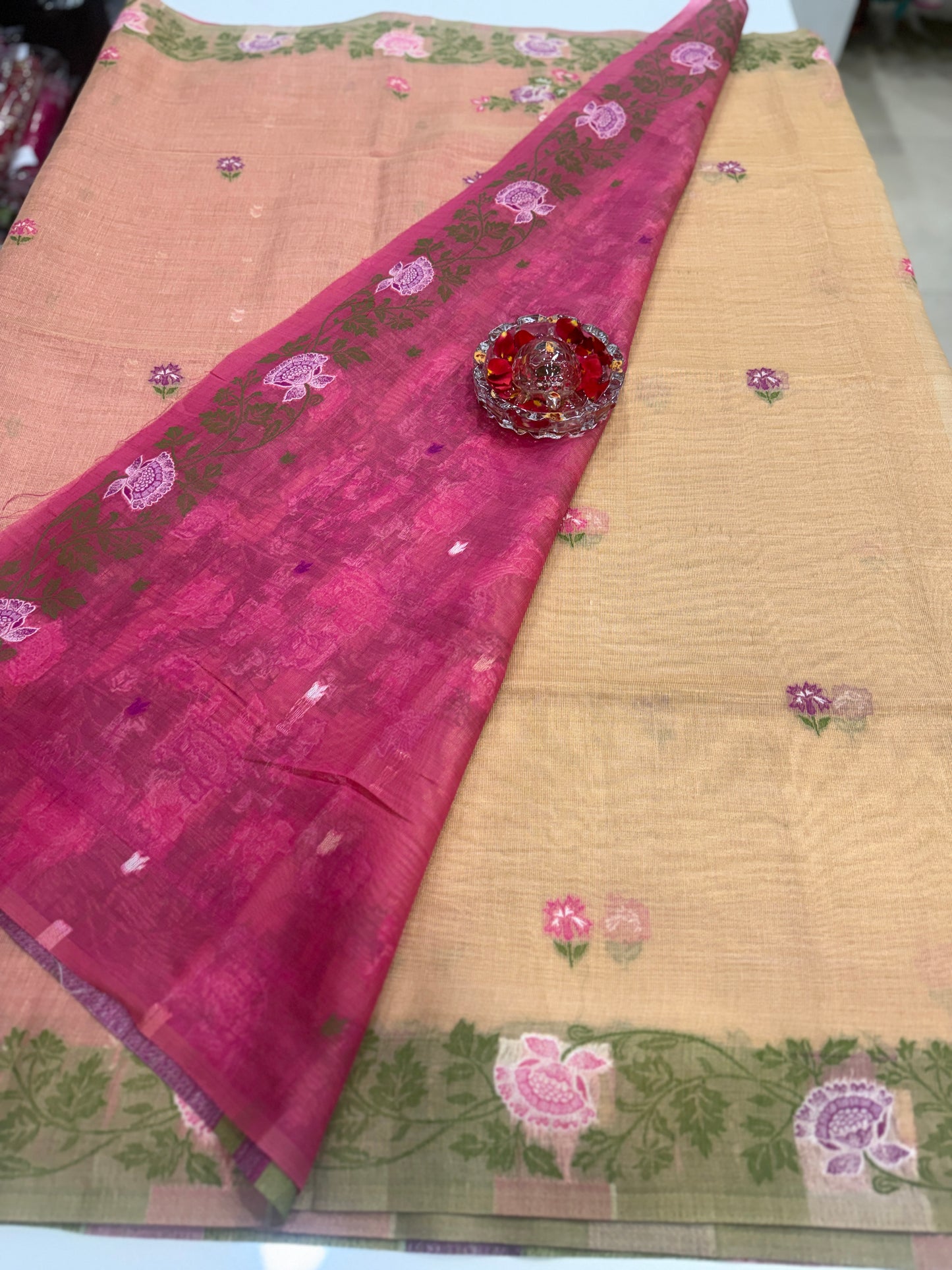 Tissue chanderi saree with floral border and tassel pallu, pastel printed saree for women