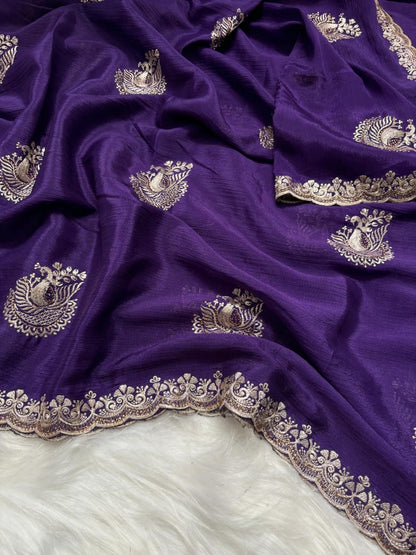 Pure Chinnon Saree with Embroidery, Work & Peacock Butta Motifs – Heavy Embroidered Blouse