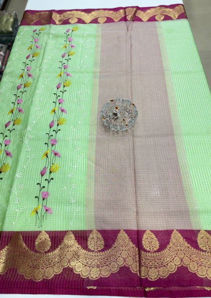 Banarasi handloom Kota check saree with mina embroidery, scalloped border and zari chit pallu