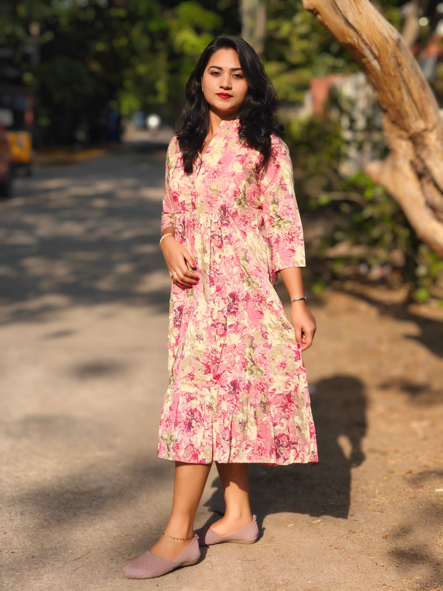 Pink Cotton Abstract Print Gathered Dress for Women – Sizes M to XL