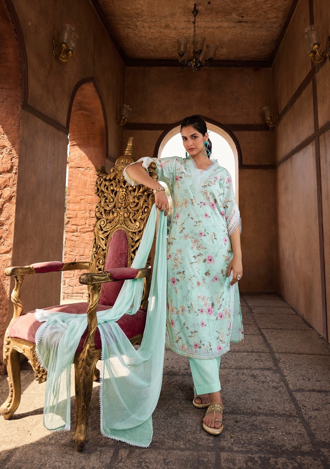 Linen Cotton Kurti Pant Set with Nazmin Dupatta and Lace Work – Plus Sizes Available