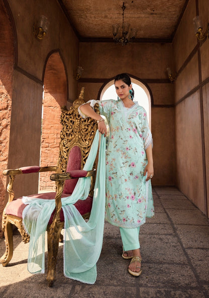 Linen Cotton Kurti Pant Set with Nazmin Dupatta and Lace Work – Plus Sizes Available