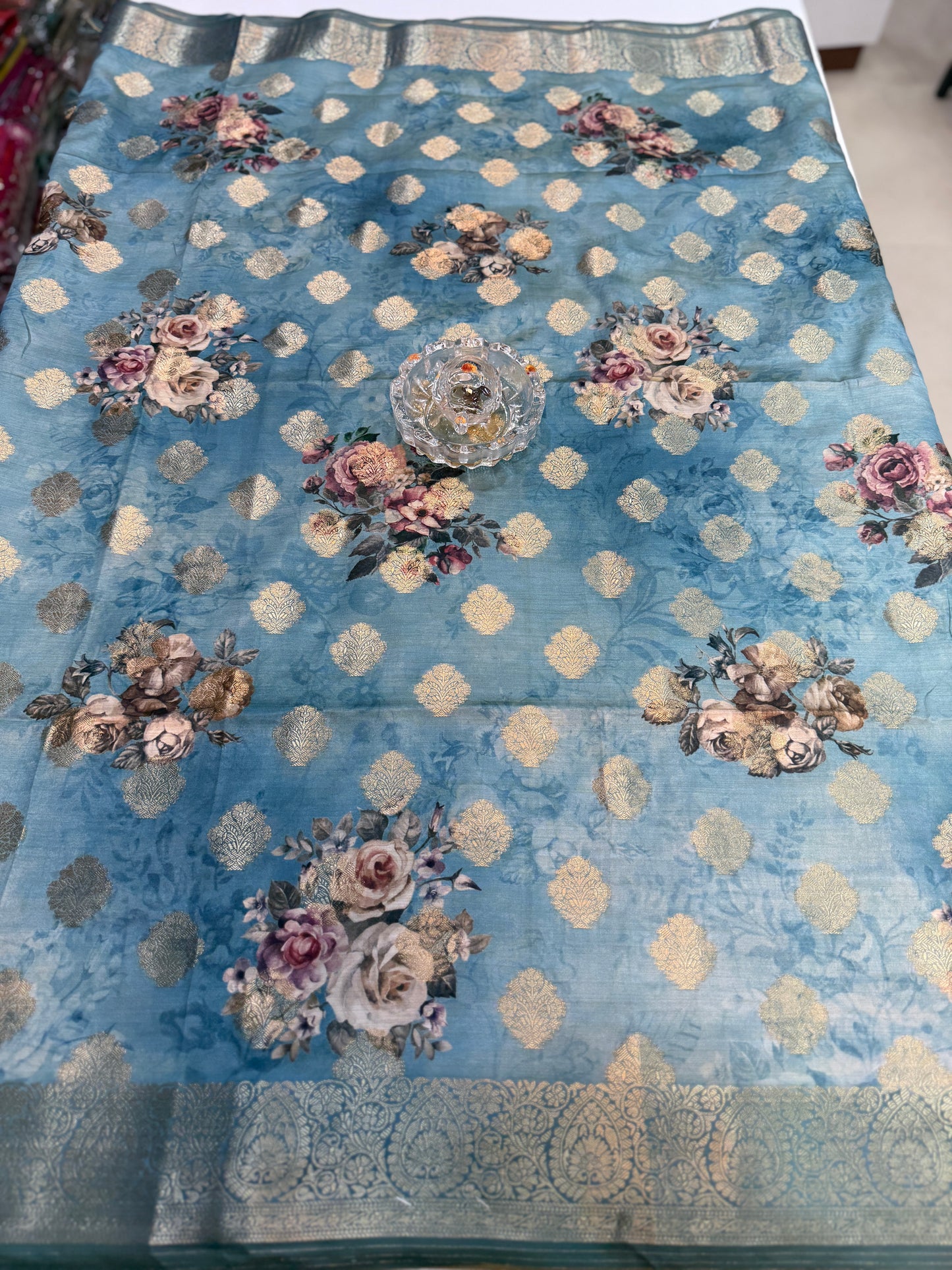 Bamboo Silk Floral Printed Saree with Rich Decorative Pallu, All Over Rich Butti Weaving