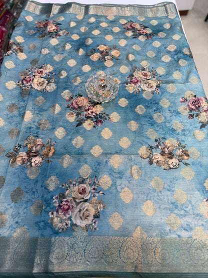 Bamboo Silk Floral Printed Saree with Rich Decorative Pallu, All Over Rich Butti Weaving