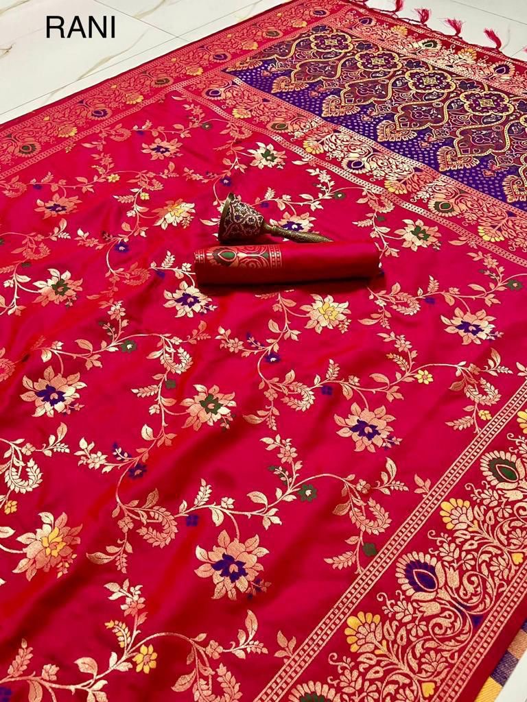 Pure Heavy Silk Saree with Zari and Minakari Weaving, Running Design Blouse with Jari Border