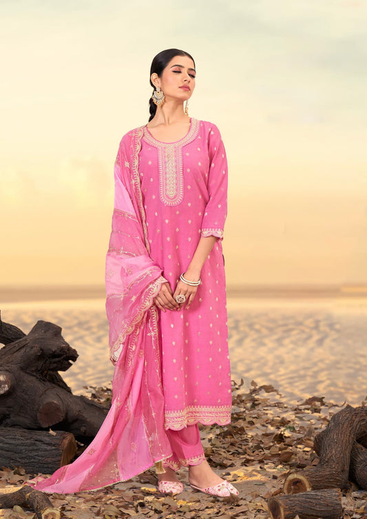 Women’s Viscose Jacquard Suit Set with Mirror Khatli Handwork and Organza Dupatta – XL to 3XL