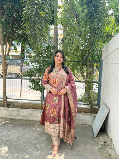 Premium Silk Embroidered Front Cut Kurta Pant Set with Jacquard Dupatta – Festive Wear for Women