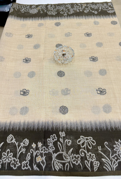 Munga cotton handloom weaving saree with woven floral border and tassel pallu for women