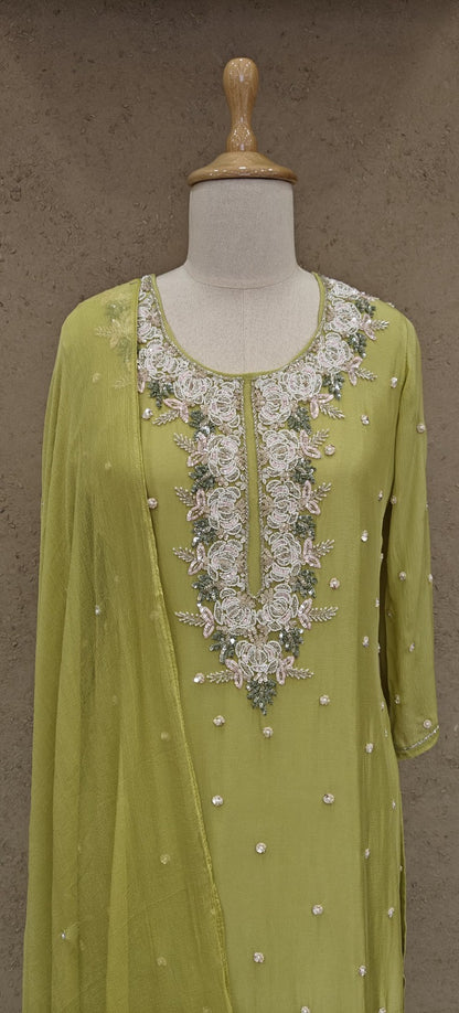 Women’s chinnon embroidered kurta set with lining, pant and dupatta, festive ethnic wear, size 38–44