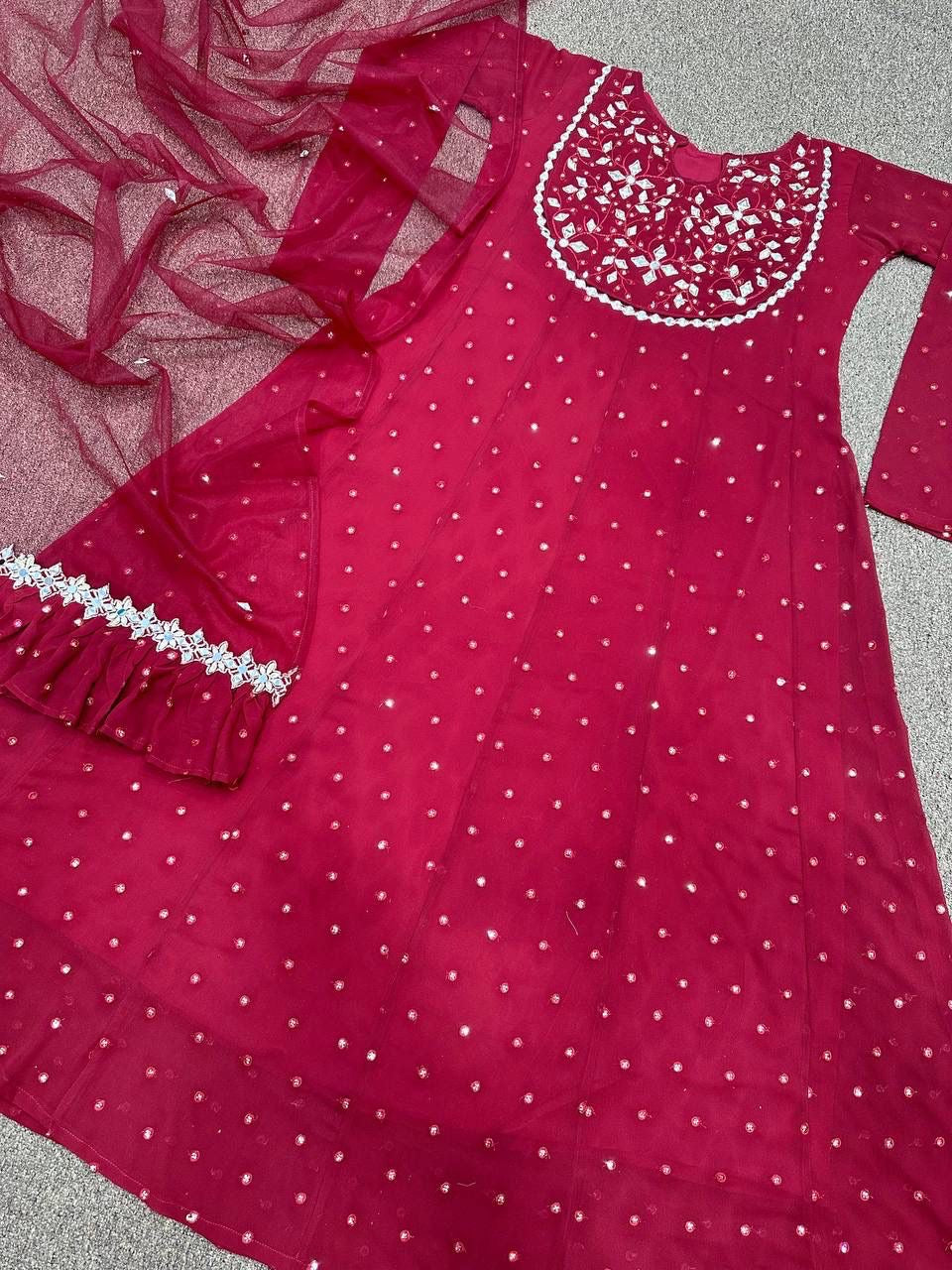 Faux Georgette Embroidered Gown with 5mm Sequins and Real Mirror Work – XL with XXL Margin – Dupatta Set