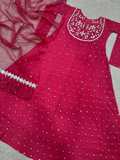 Faux Georgette Embroidered Gown with 5mm Sequins and Real Mirror Work – XL with XXL Margin – Dupatta Set