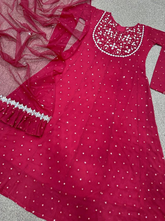Faux Georgette Embroidered Gown with 5mm Sequins and Real Mirror Work – XL with XXL Margin – Dupatta Set