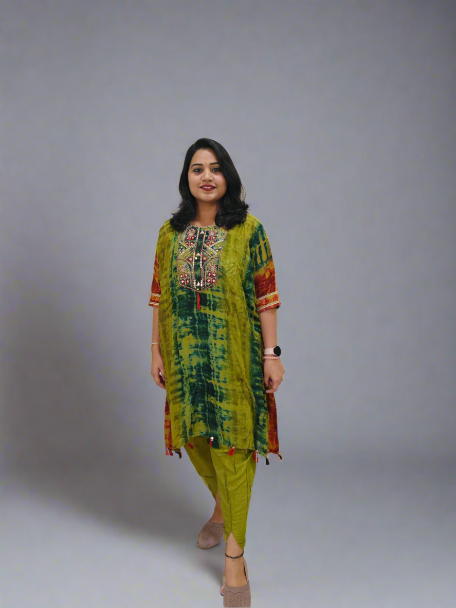 Habutai Silk Kaftan Kurti with Tulip Pant Set Featuring Mirror Embroidery and Tassels