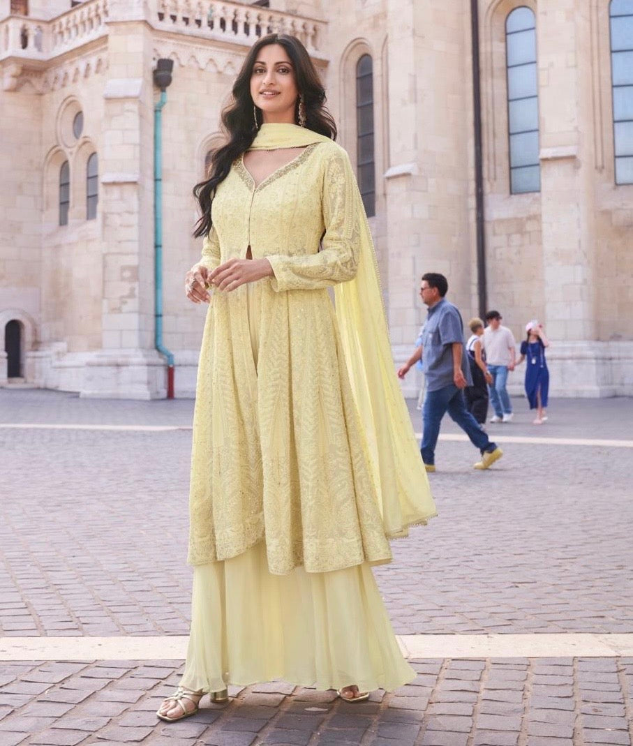 Real Georgette 3-Piece Set with Embroidered Top, Palazzo, and Dupatta – Free Size Stitched Ethnic Wear