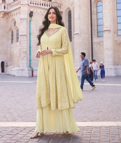 Real Georgette 3-Piece Set with Embroidered Top, Palazzo, and Dupatta – Free Size Stitched Ethnic Wear