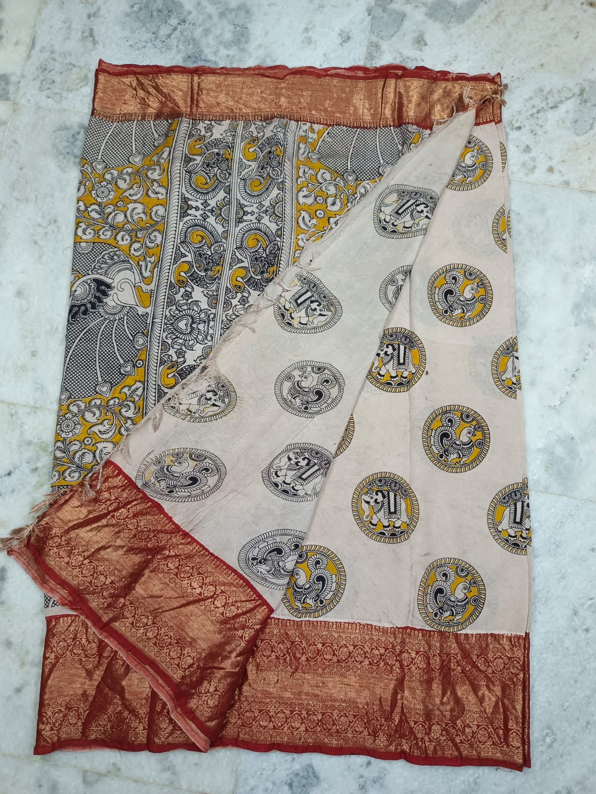 Handloom Nellore Silk Saree for Women – Kalamkari Print with Kanchi Border and Blouse Piece