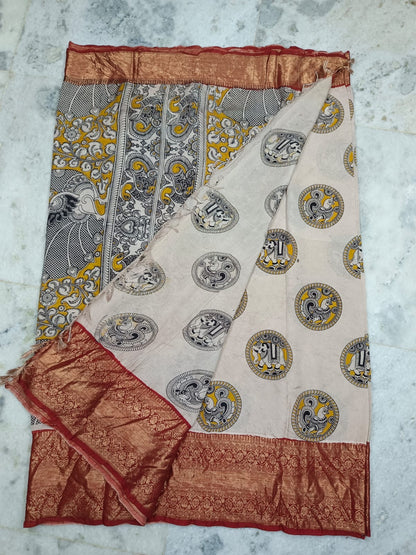 Handloom Nellore Silk Saree for Women – Kalamkari Print with Kanchi Border and Blouse Piece