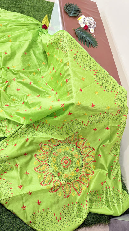 Assam Silk Saree with Kantha Stitch Hand Embroidery and Matching Blouse – Women’s Ethnic Wear
