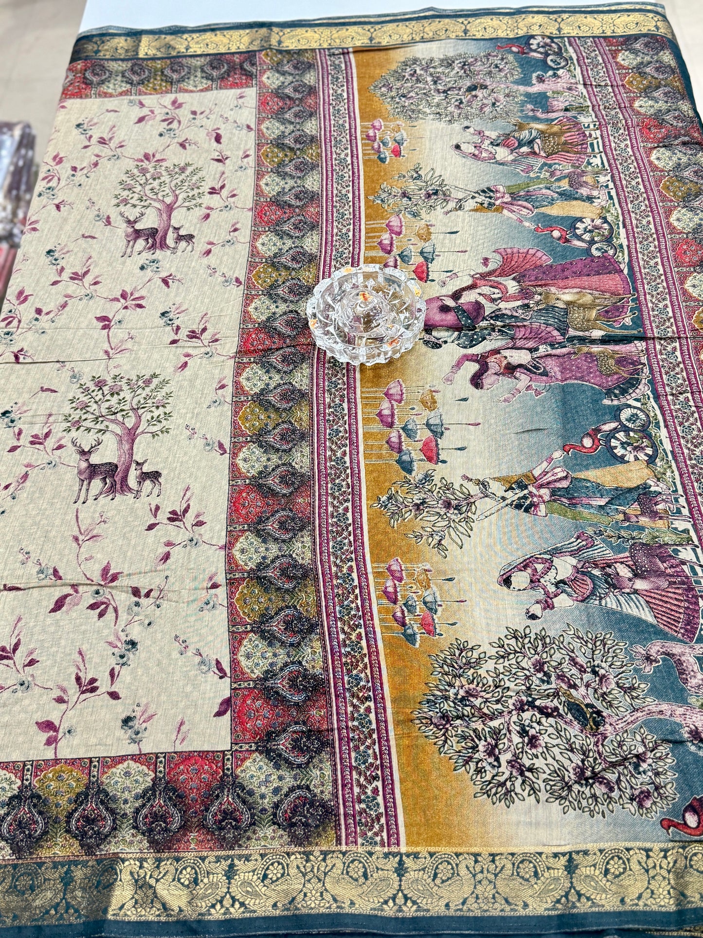 Chennuri silk style printed saree with traditional artwork border and unstitched blouse fabric for women