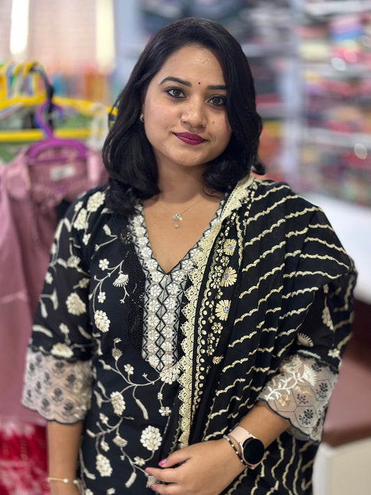 Elegant Black Mul Cotton Designer Suit Set with Intricate Lace and Embroidery