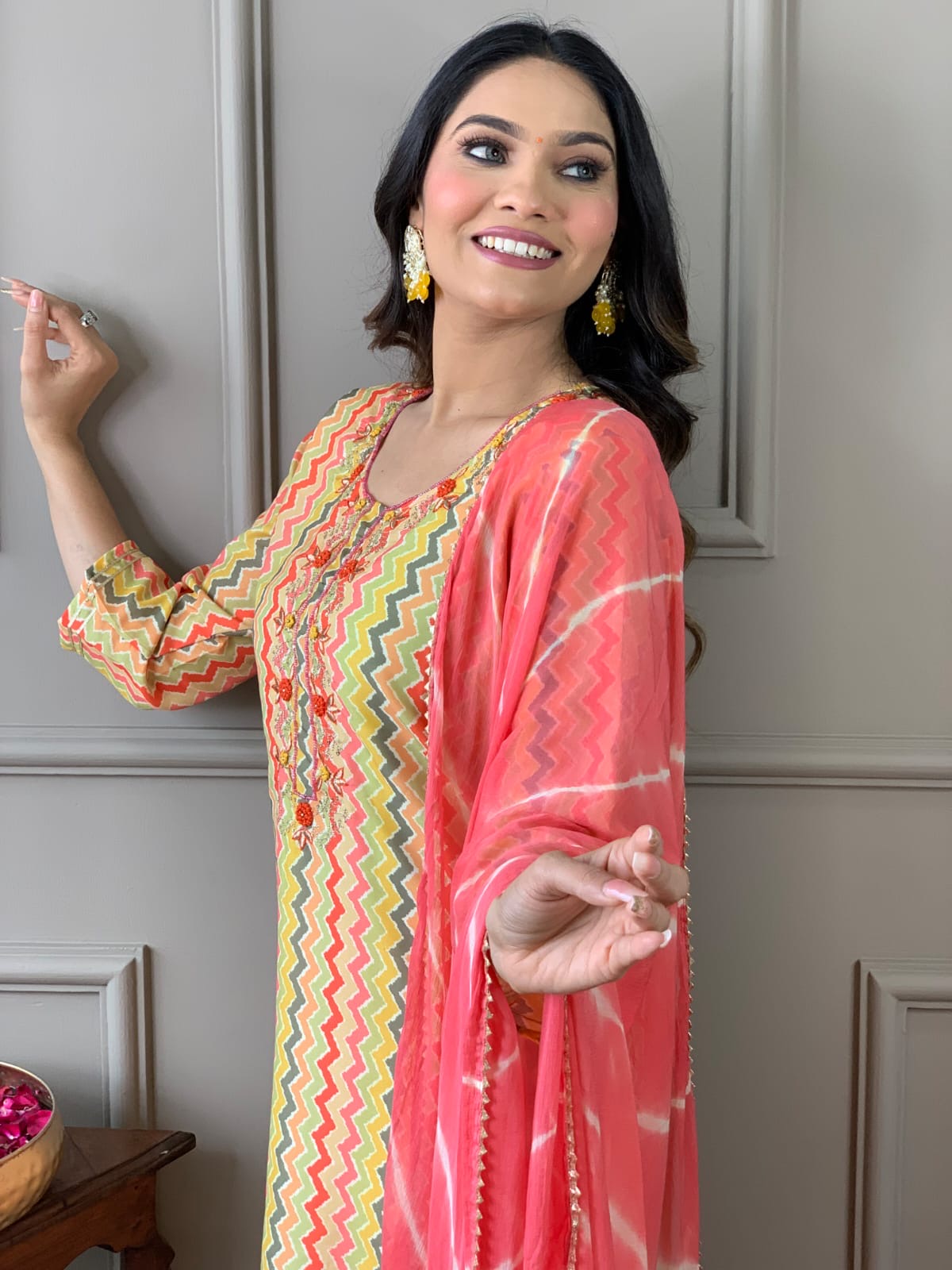 Chanderi Silk Digital Print Kurta Pant Dupatta Suit Set with Embroidery and Chiffon Dupatta – Sizes 38 to 44