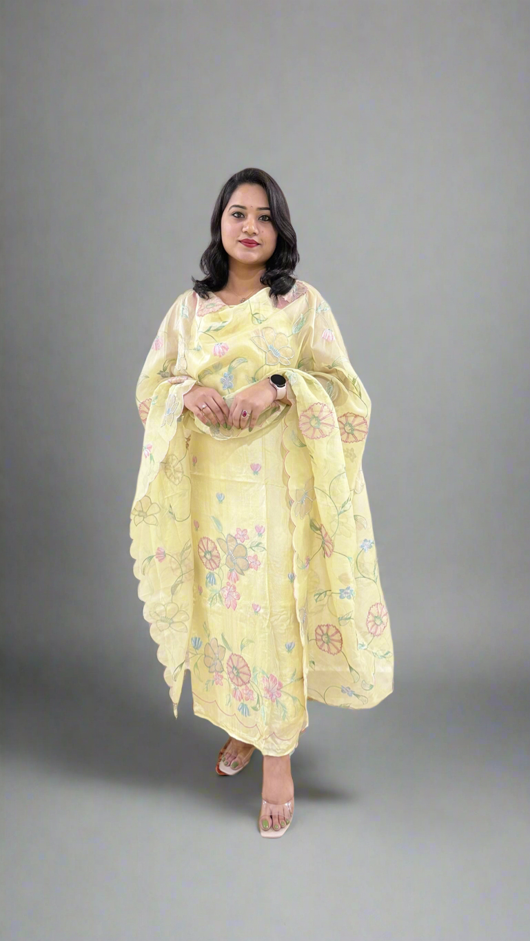 Unstitched Bamber Silk Suit with Resham Embroidery, 3D Patch Appliqué and Organza Dupatta