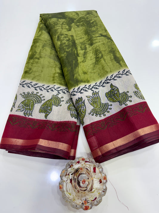 Silk blend printed saree with contrast border and pallu print, 6.3m with running blouse, 6 color options