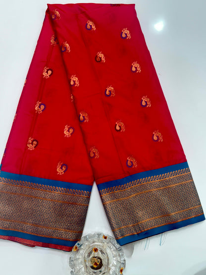 Paithani Soft Silk Saree with Zari Weaving and Contrast Blouse
