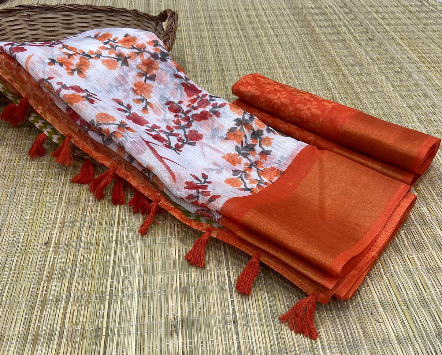 Soft Cotton Slub Saree with HD Floral Print, Zari Weaving Border, and Tassel Pallu for Women