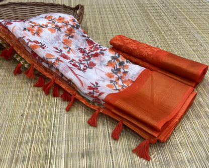 Soft Cotton Slub Saree with HD Floral Print, Zari Weaving Border, and Tassel Pallu for Women
