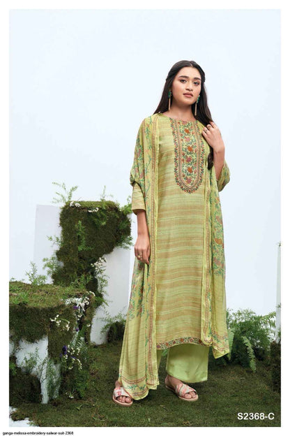 Unstitched Woven Fabric Suit Material with Embroidery, Cotton Silk Bottom and Chiffon Printed Dupatta
