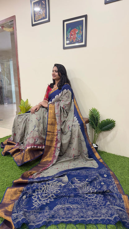 Exquisite Chennuri Pure Silk Saree with Kanchi Borders & Outline Kalamkari Designs