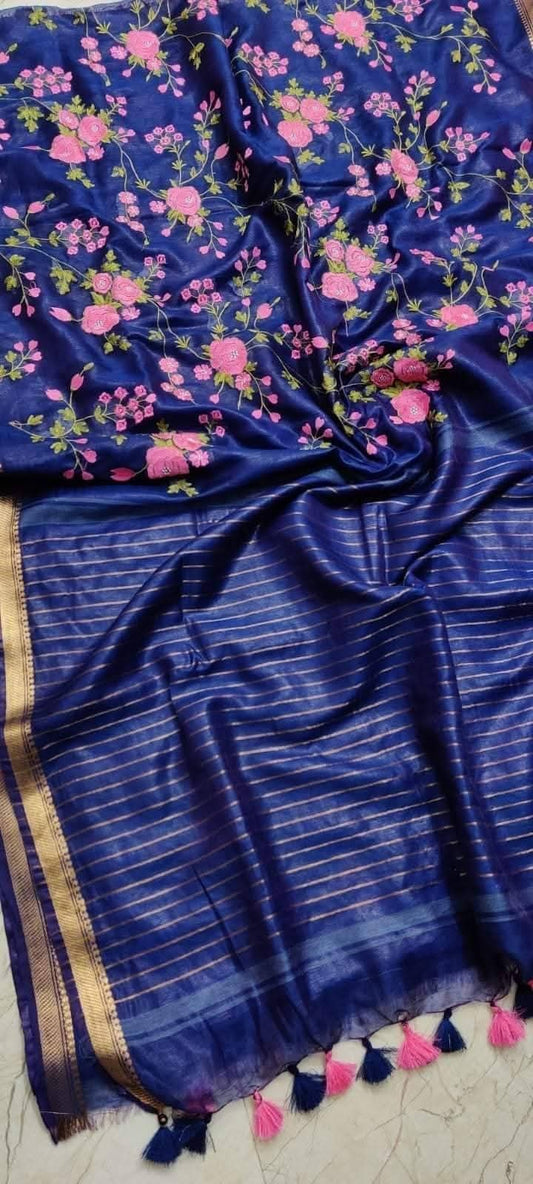 Tussar Silk Saree with Fancy Embroidery, Cutwork Border, and Matching Embroidered Blouse