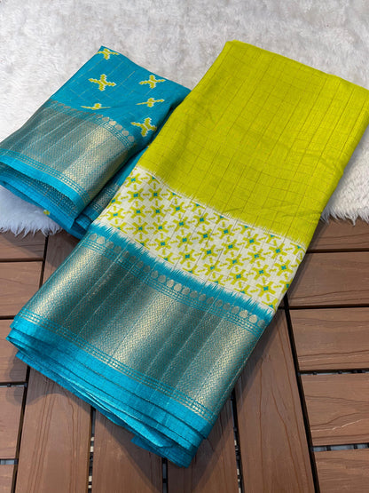 Digital Kalamkari Printed Dola Silk Saree with Gold Zari Jacquard Pattu Border – With Blouse Piece