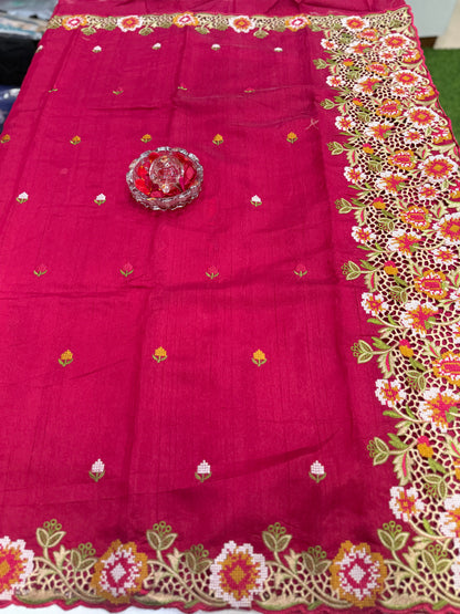 Matka Silk Saree with Embroidered Buttis, Cutwork Big Pallu, and All-Over Cutwork Panel