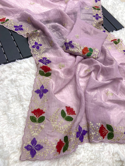 Soft Crunchy Fabric Saree with Pitta Work, Brush Print and Arco Border